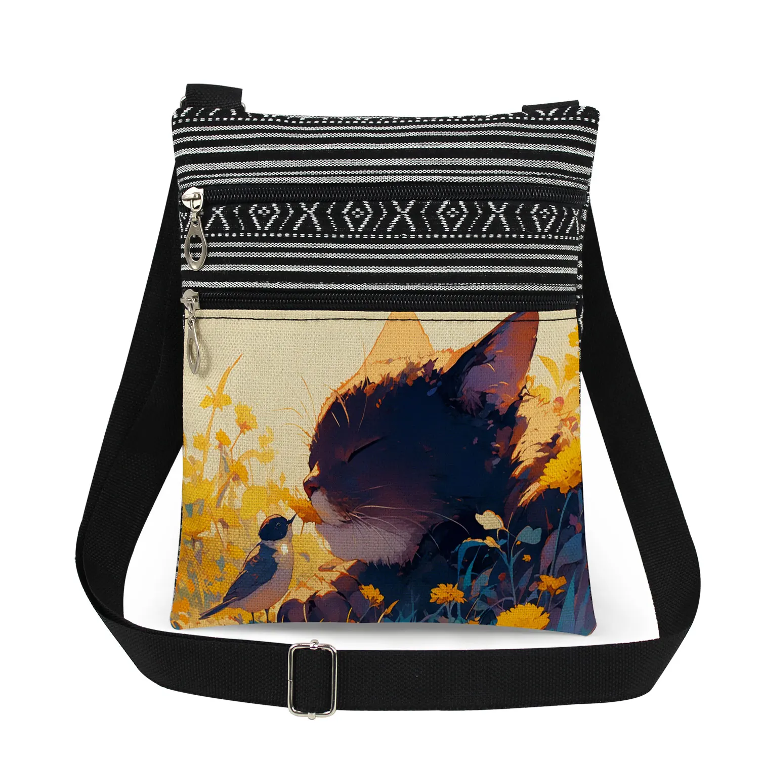 Black Cat and Bird Print Men\'s Messenger Bag Outdoor Men\'s Fashionable Shoulder Bag Women\'s Crossbody Bag