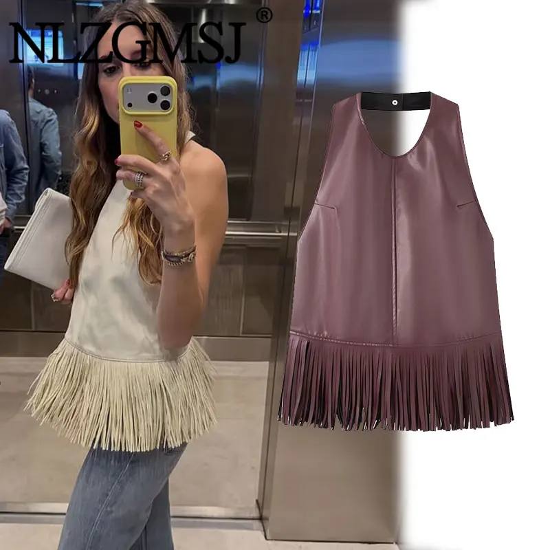 Nlzgmsj 2026 Elegantes Vintage Kunstleder Ärmelloses Top mit Tiefem Rückenausschnitt und Fransenbesatz Crop-Weste Sexy Abendparty-Tanktop