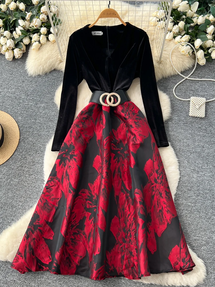   تنورة مخملية طويلة ذات خصر متوهج مع تنورة دكتور للخريف والشتاء بخصر عالٍ على شكل حرف a صورة ظلية Ci Commute Dr