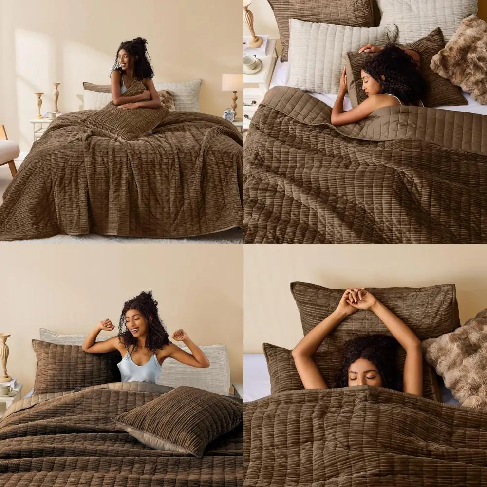 

Elegant Velvet Striped Channel Stitch Brown King Size Quilt, Soft Corduroy Lightweight Comforter, Pet-Friendly Comfort