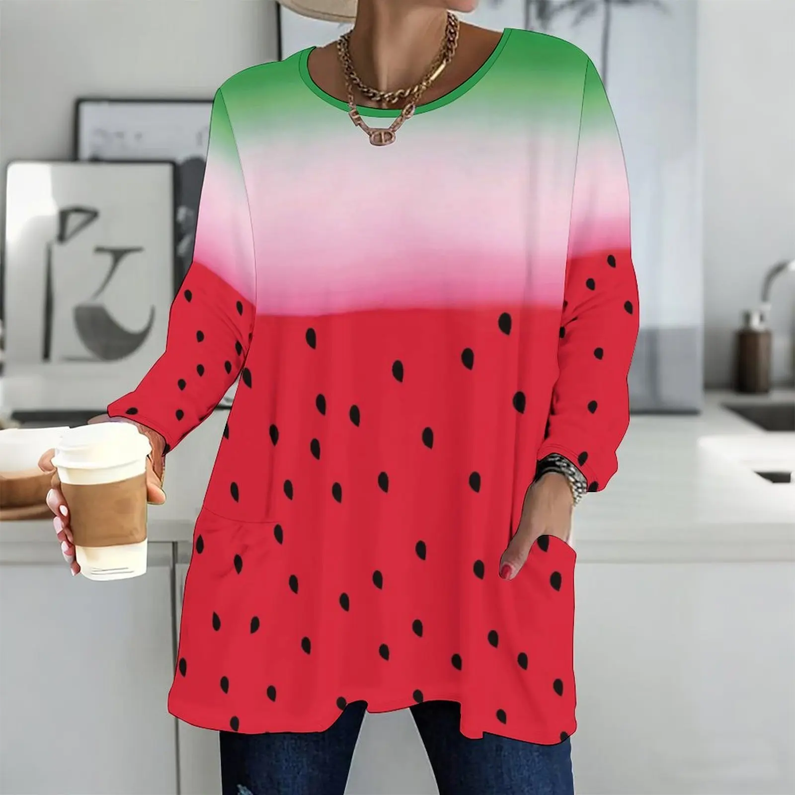 Women Round Neck Long Sleeve Front Pockets Loose Fit Longline Printed Top