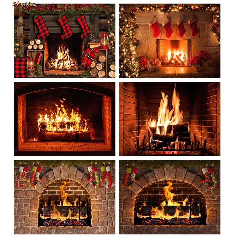 Mocsicka Christmas Fireplace Bonfire Decoration Photography Backdrop Xmas Tree Socks Gift Wood Props Background Studio Photozone