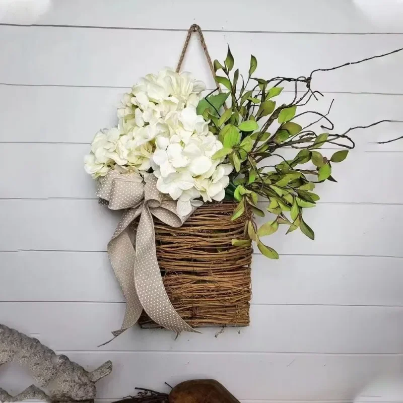 Spring Hydrangea Basket Wreath Simulation Rattan Basket Door Basket Door Hanging Decorative Wreath