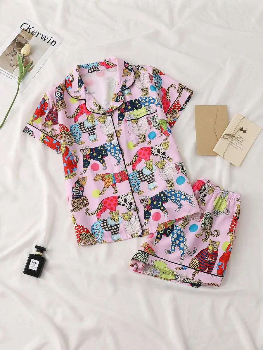 Womens Satin Pajama Set With Colorful Cartoon Leopard Print Short Sleeve Top And Shorts