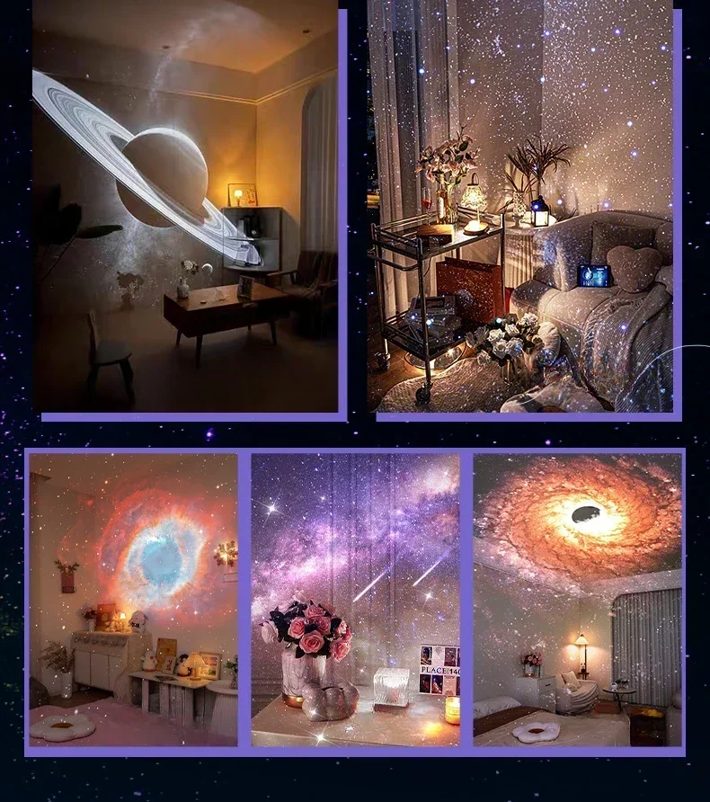 Proyector de luces nocturnas 3D para decoración de habitación de niños, lámpara de noche con Bluetooth giratorio, planetario, cielo estrellado,