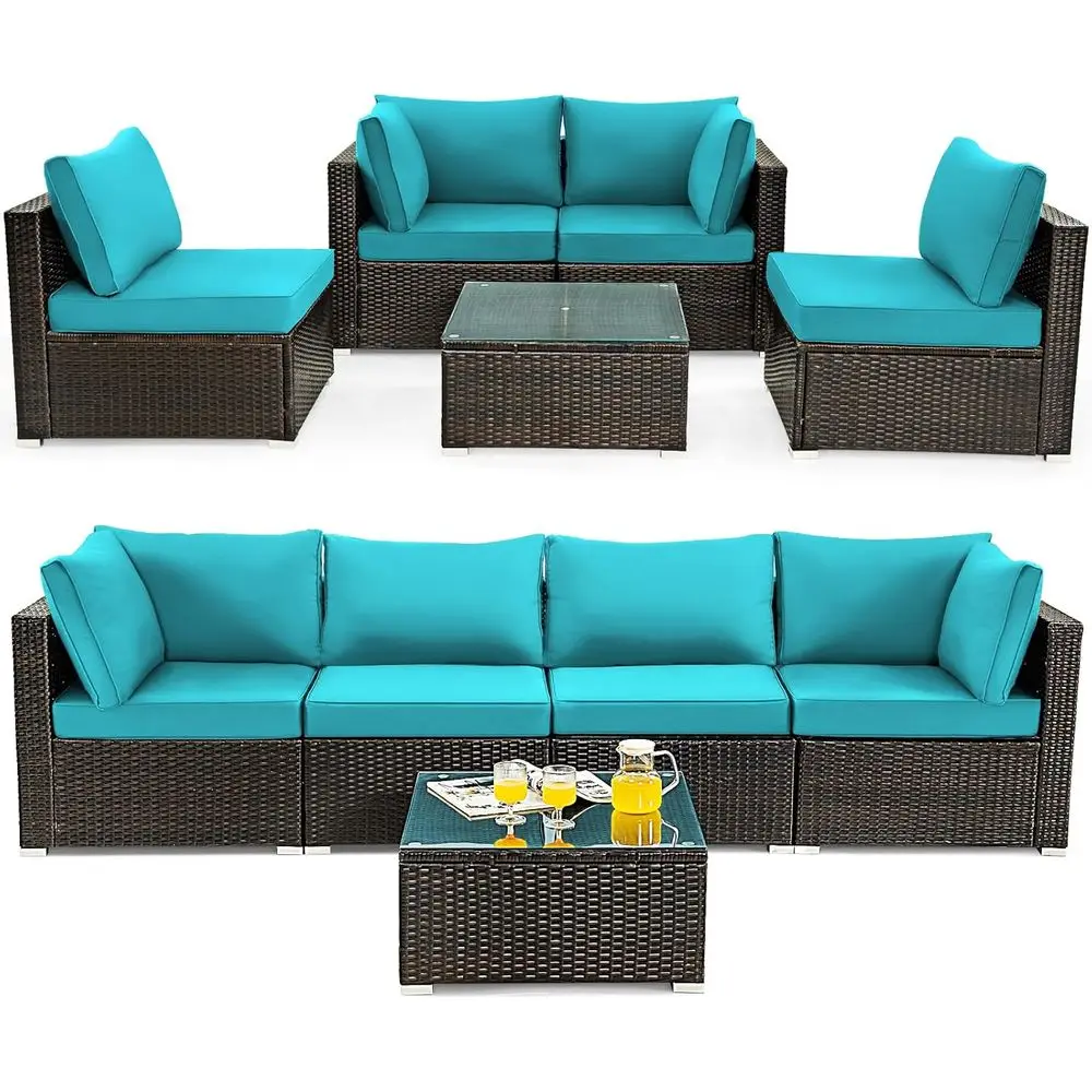 

Turquoise Outdoor Patio L-Shaped Sofa Set with Cushions and Coffee Table, Perfect for Garden, Poolside, and Porch