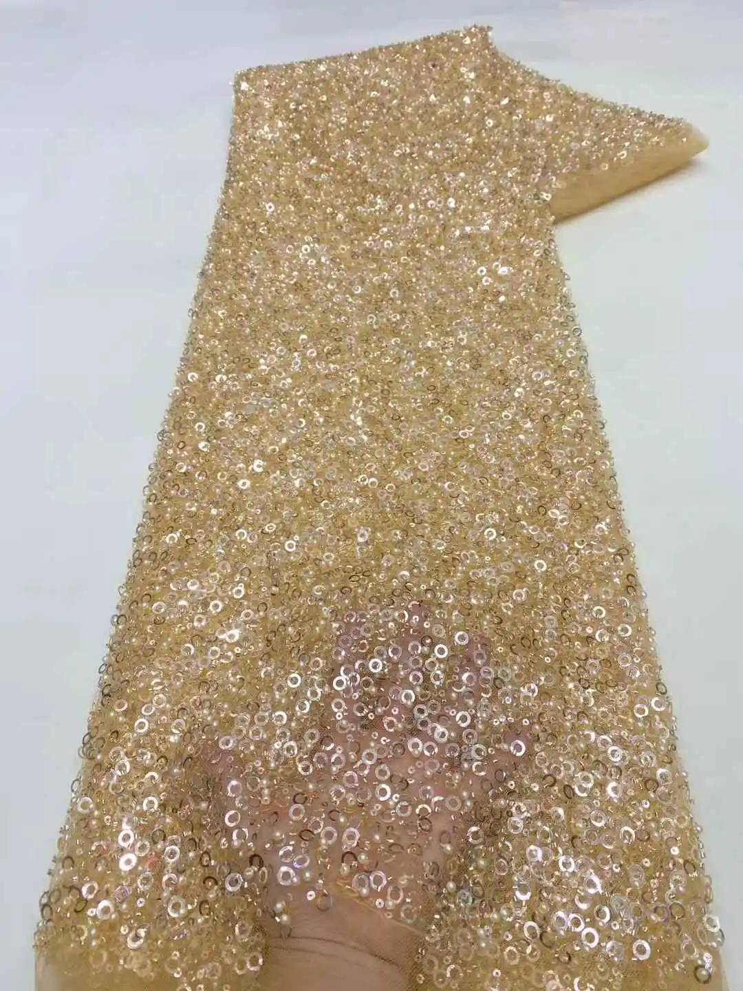 Top Quality GreenAfrica Handmade Embroidered Tulle Fabric With Beads Luxury Sequins Net Lace Evening Wedding Party Dress -XZ