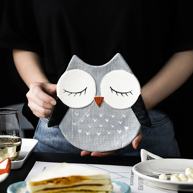 Cat / Fox / Owl / Pigeon Cartoon Salad Plate Animal Children's Ceramic Plate Steak dish Household Cake Dessert Plate CL12261140