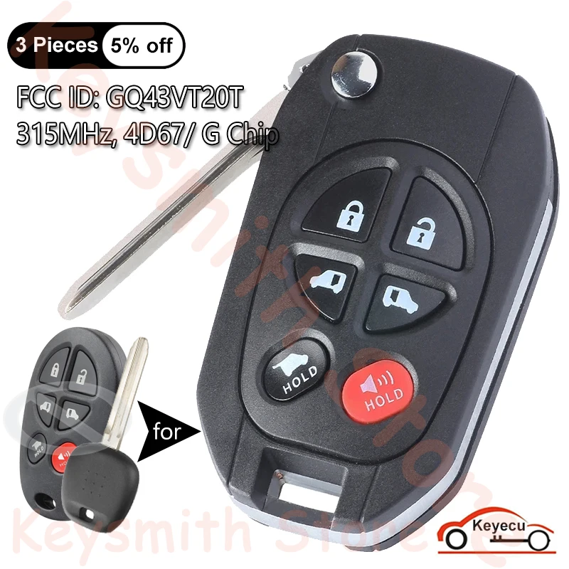 

KEYECU 6 Buttons 315MHz for Toyota Sienna 2004 2005 2006 2007 2008 - 2018 Auto Modified Flip Remote Control Key Fob GQ43VT20T