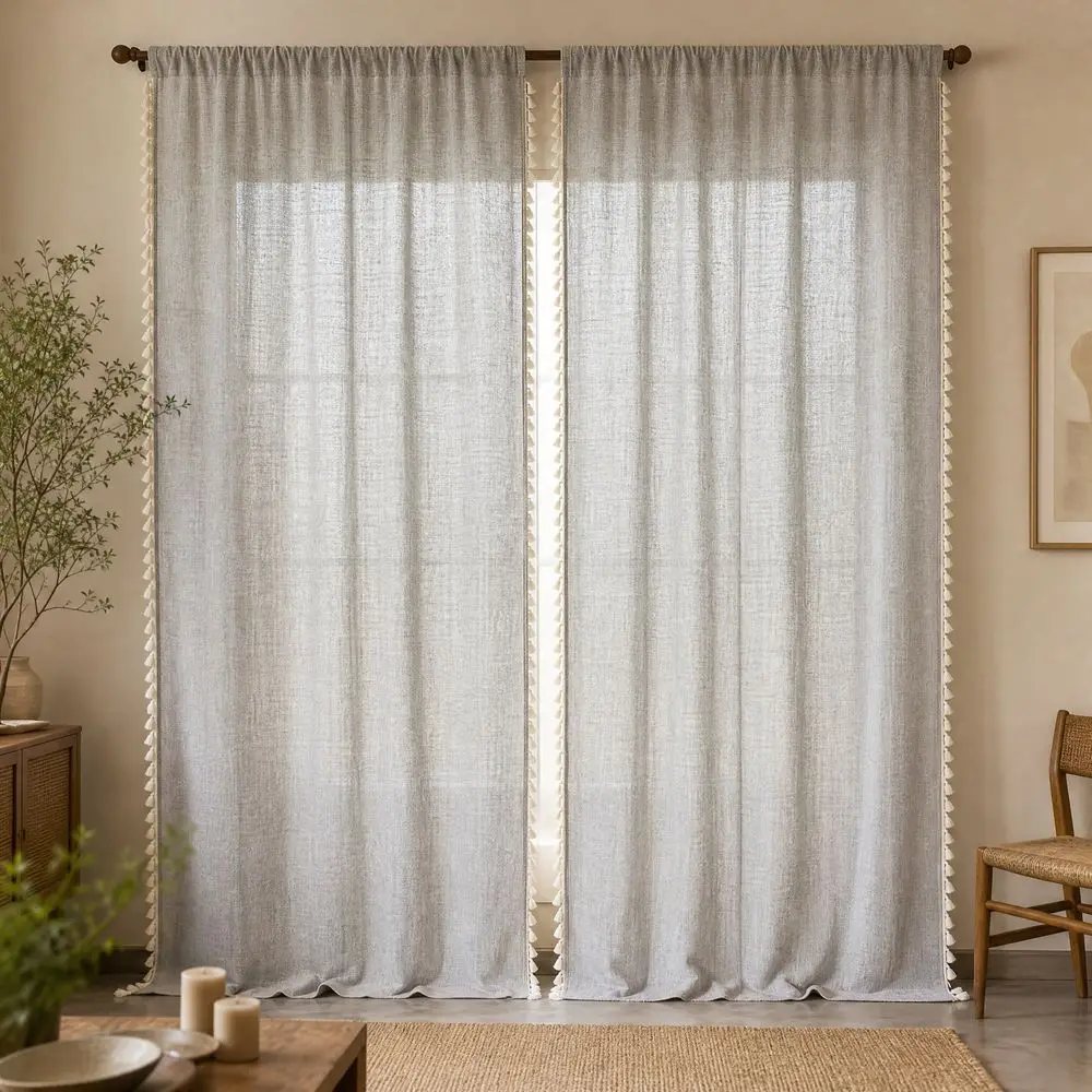 1 Piece, Available in Multiple Colors: Medium Gray / Haze Blue / Sage Green / Light Camel / Celadon Green, Ins-Style Rainbow Tassel Curtains, Rod-Top Soft Light-Filtering Drapes, Tassel Craftsmanship, Washable Polyester, Bohemian Soft Decor Suitable for Multiple Settings, Does Not Include Installation Accessories or Tie Ropes