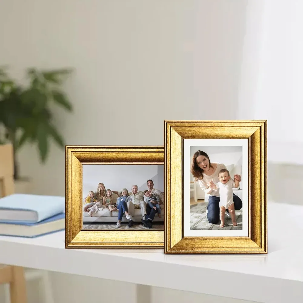SYNTRIFIC 6PC 5x7in Gold Frames, Vintage Gold Picture Frames for Wall Mounting and Tabletop Display
