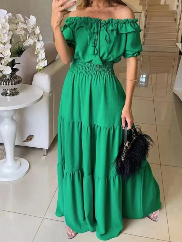 Vestido verde de verano para mujer, moda elegante, manga corta, volantes, Maxi Vestidos informales para mujer, vestido suelto de oficina, nuevos