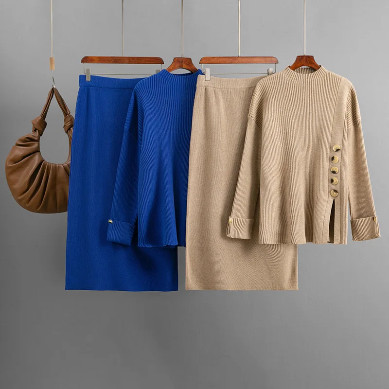 Frauen Zwei Stück Sets Rock Set Rundhals Volle Hülse Gestrickte Tops Lange Röcke EINE Linie Hohe Taille Y2k Streetwear Arbeit Herbst