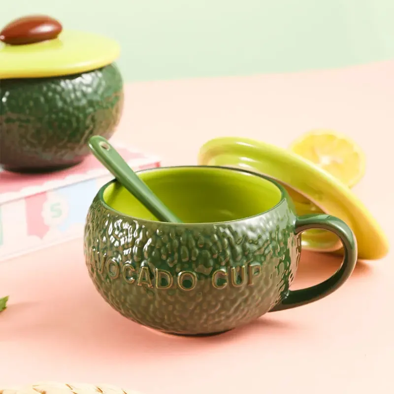 Avocado Coffee Cup Lovely Fruit Hand Painted Underglaze Ceramic Tableware Breakfast Cup with Lid Spoon Office Couple Home