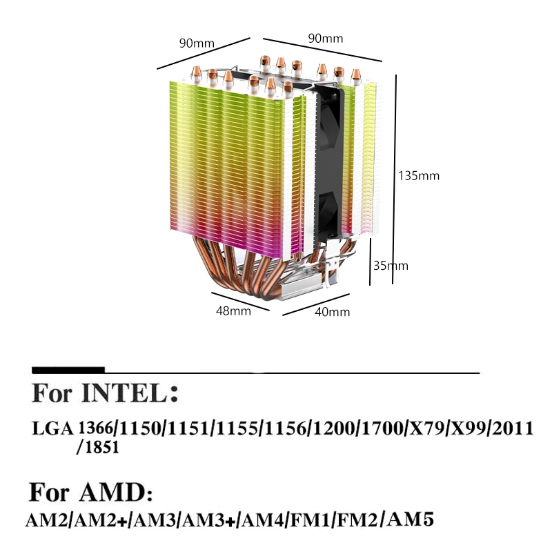 6 Heatpipes X99 CPU Air-cooled Cooler 4Pin Tower PC Radiator ventilador Intel LGA 1700 2011 1200 1366 115X X79 E5 AMD AM4 AM5