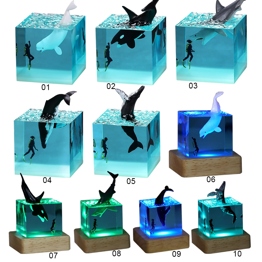 Marine Whale Cube Ornament Ocean Shark Diver Decoration Whale Epoxy Resin Desktop Lamp Luminous Toy LED Night Light Home