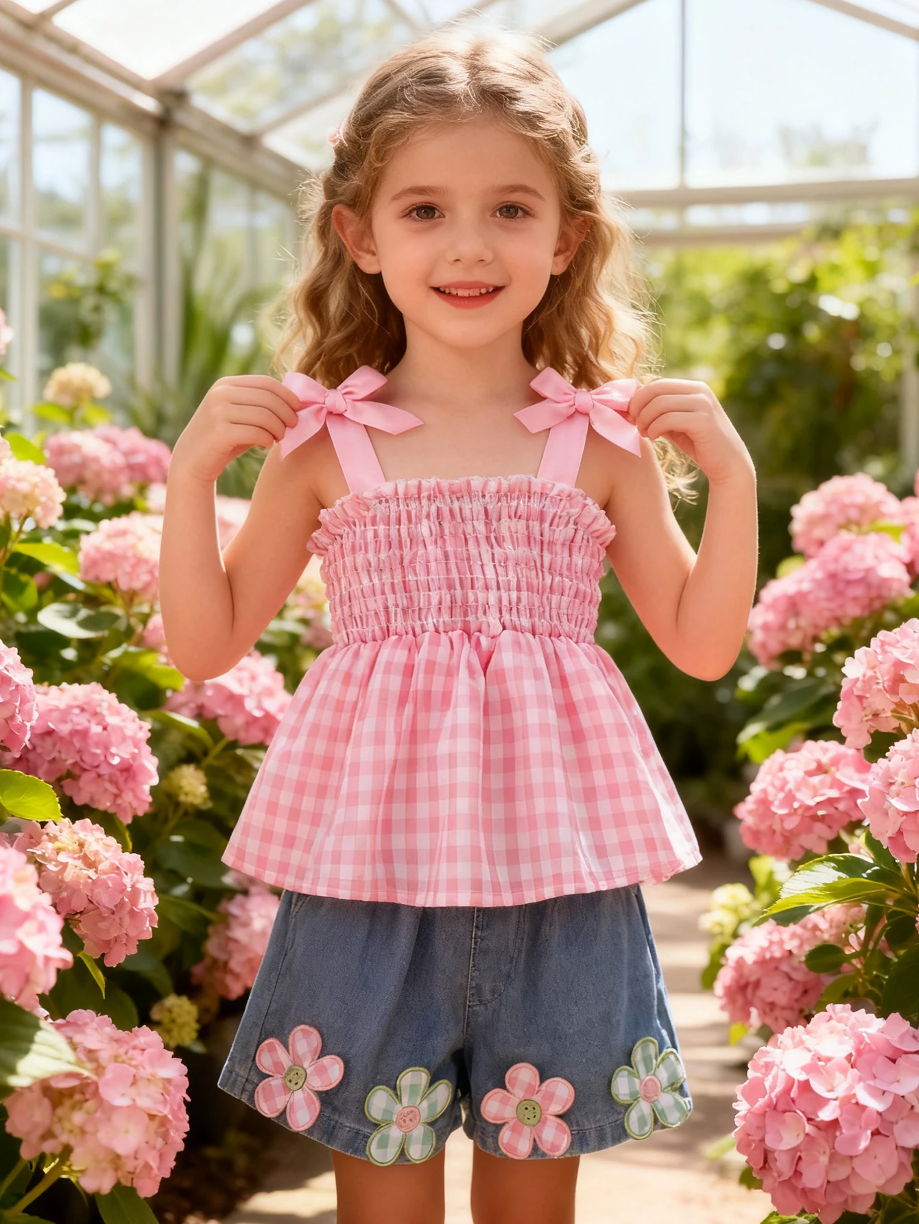 Girls' set with checkered bow suspender top sweet denim shorts floral decoration fashionable and fresh suitable for picnics