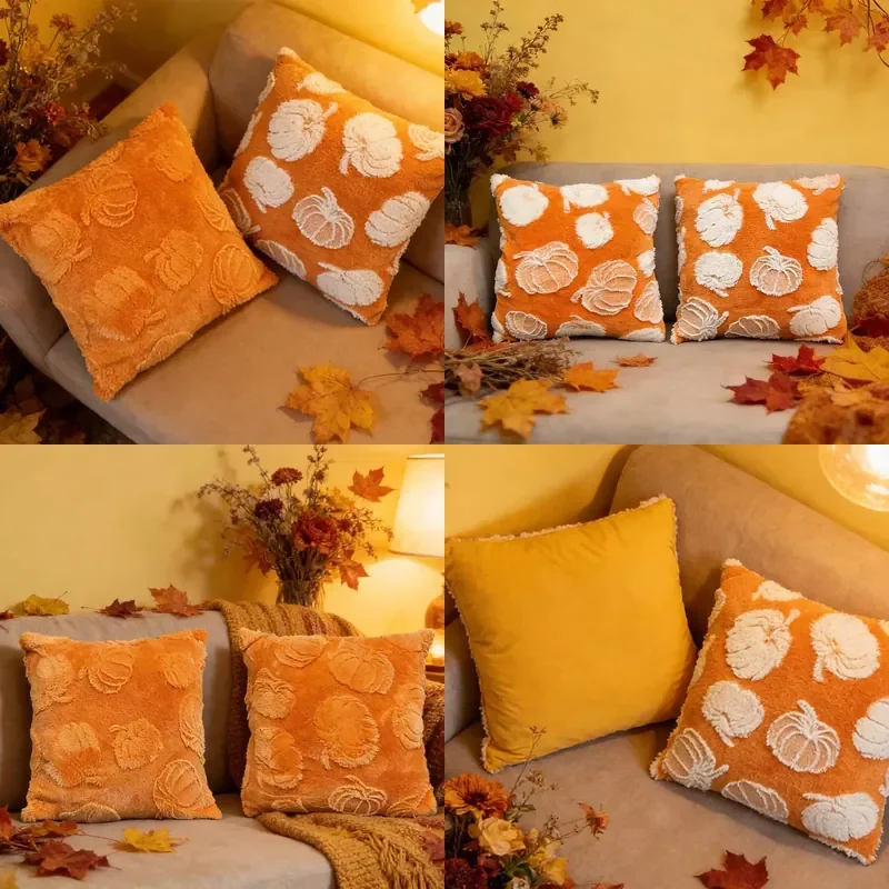Pumpkin plush pillow cover three-dimensional jacquard cushion cover, Halloween Thanksgiving home sofa decoration cushion