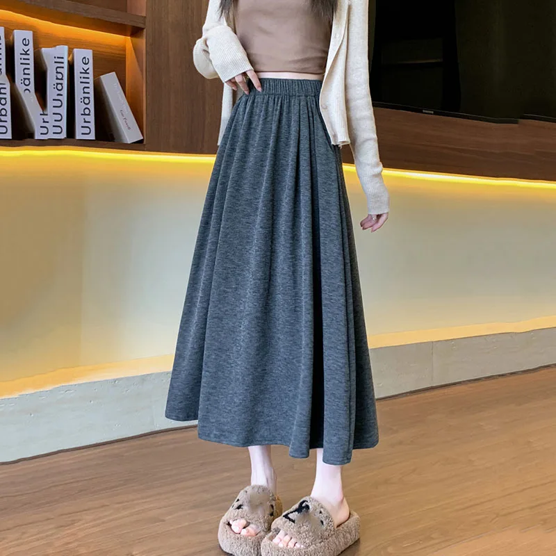 

2025 Autumn Winter Women Long Skirt Elastic Waist Casual Loose All-Match A-Line Skirts Female College Style Knitted Midi Skirts