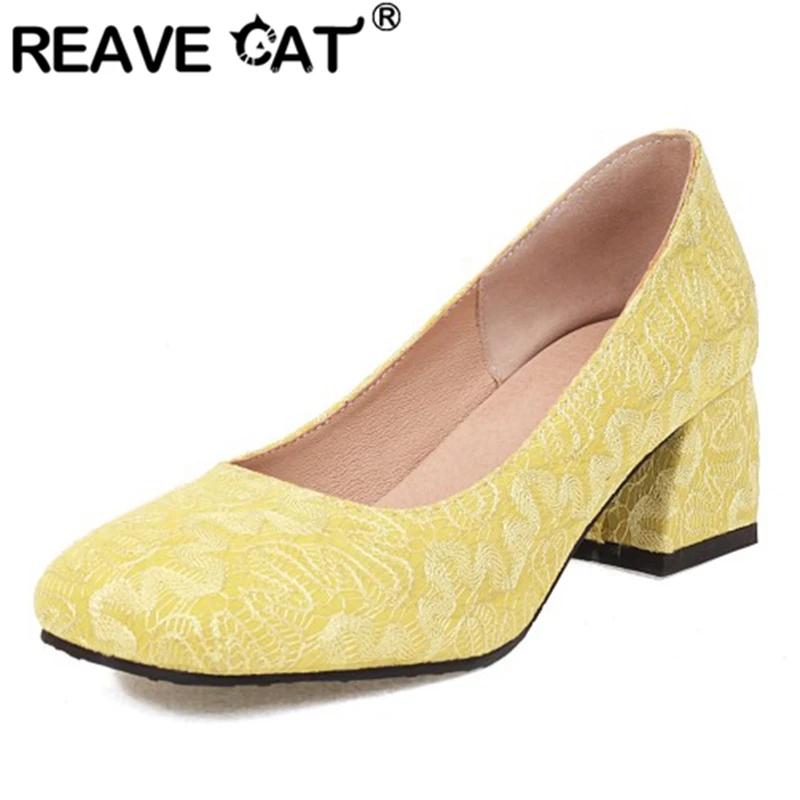 REAVE CAT 2022 Pumps Women Toe Chunky Heels Silks Lace Slip-On Sweet Size 30-48 Red Yellow Spring S3098