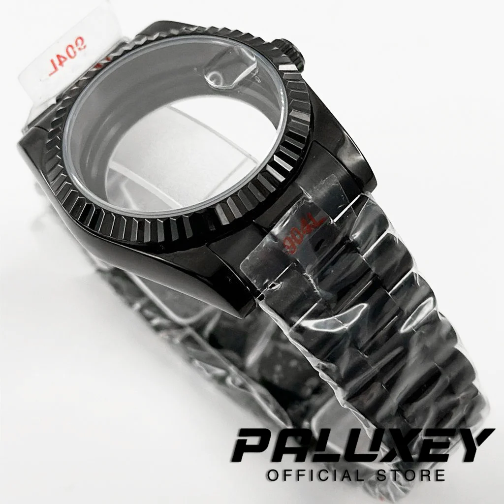 PVD الأسود 36 مللي متر/40 مللي متر مخدد ساعة منحنية حالة الفولاذ المقاوم للصدأ سوار الياقوت الزجاج لحركة NH34 NH35 NH36 NH38 ETA2824