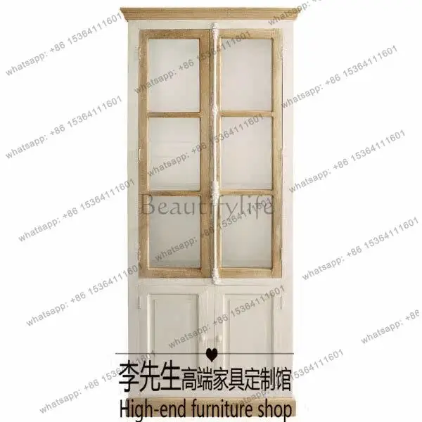 

American country solid wood two-door bookcase French oak retro old glass door side cabinet