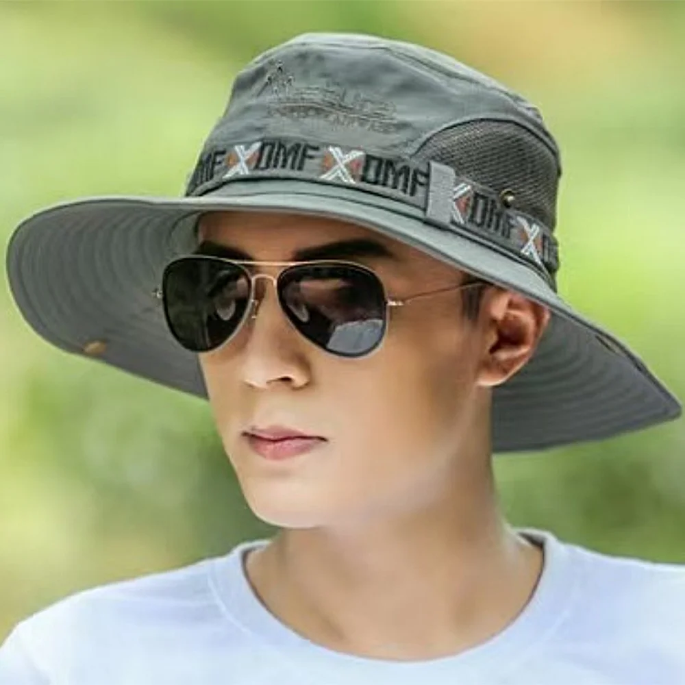 Men Bucket Hat Outdoor UV Protection Wide Brim Panama Safari Hunting Hiking Hat Mesh Fisherman Hat Beach Sunscreen Cap