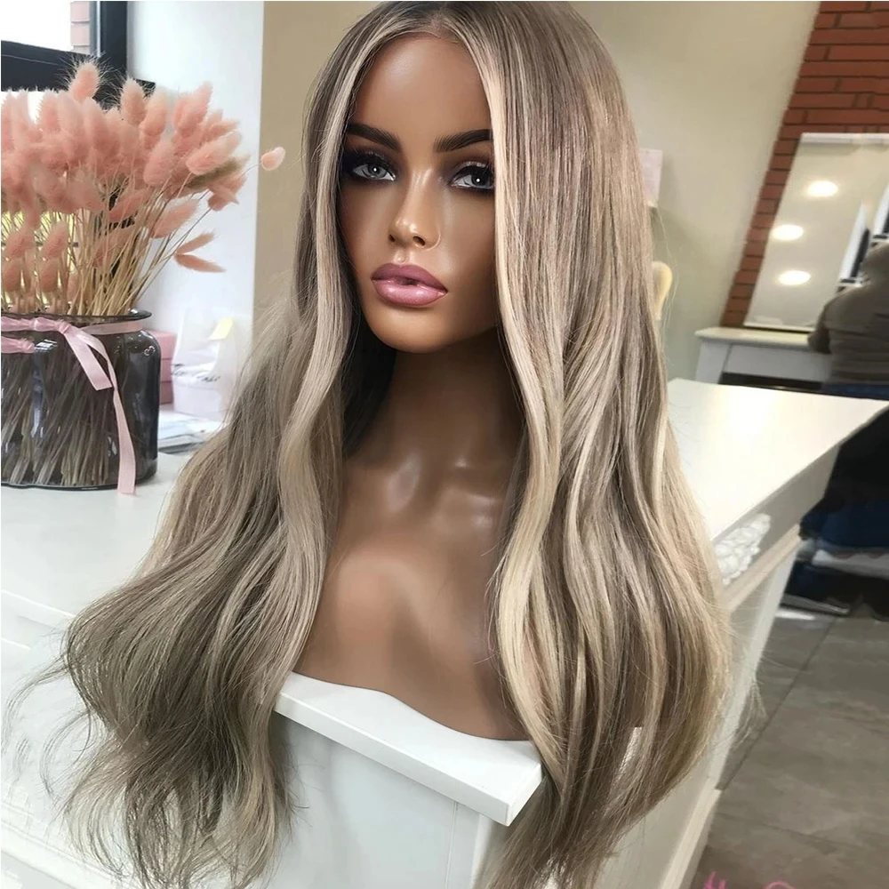 Ombre Dark Ash Blonde  Lace Frontal Wig Highlights Transparen Lace Synthetic Hair Wigs  Hair Lace Front Wig Slight Wavy