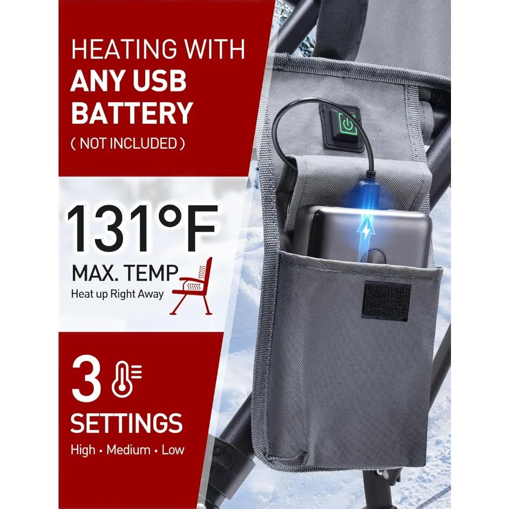 Heated Camping Chair with Heats Back, Cup Holder, Rich Pockets, Battery NOT Included, 3 Heat Levels, Fully Padded Folding Chair