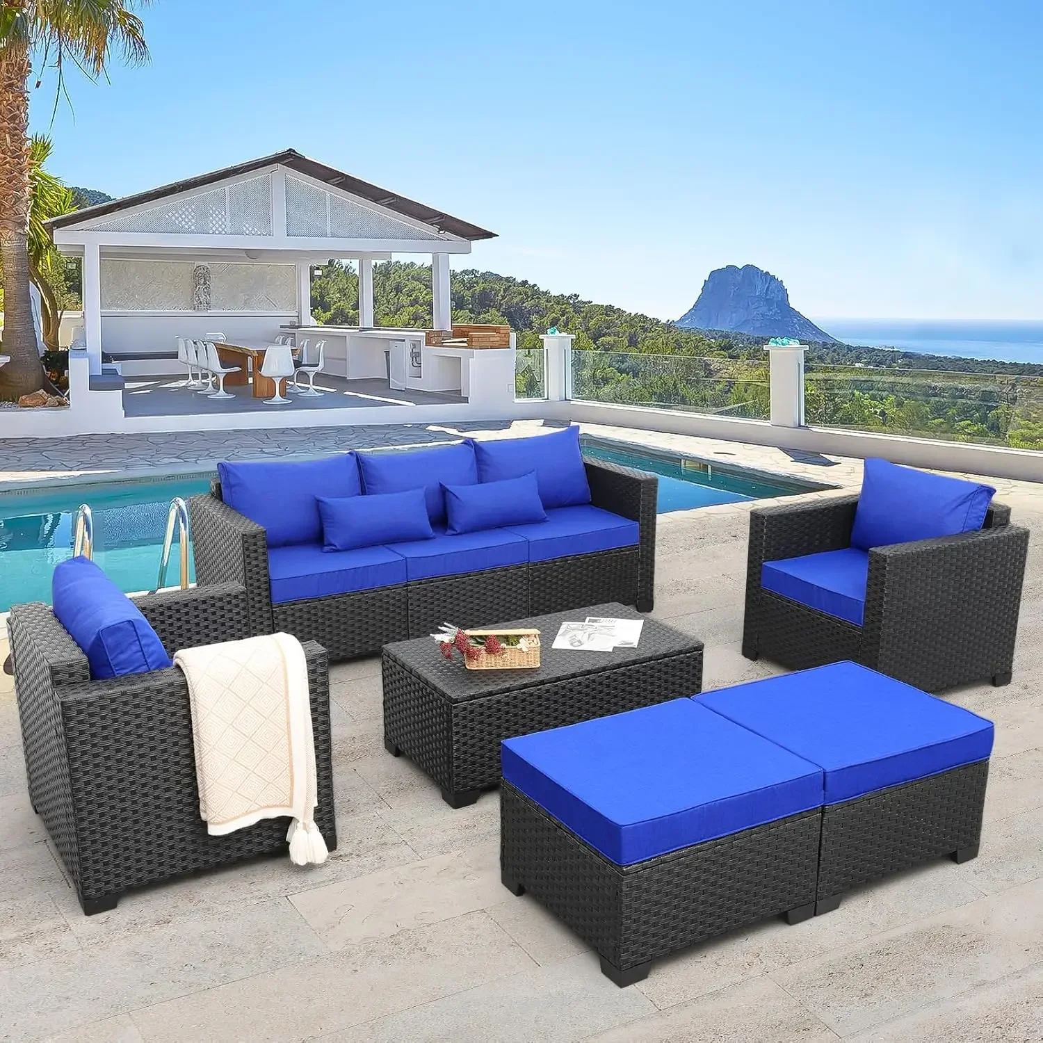 

6 Pieces Patio Wicker Furniture Set Outdoor PE Rattan Conversation Couch Sectional Chair Sofa Set with Royal Blue Cushions