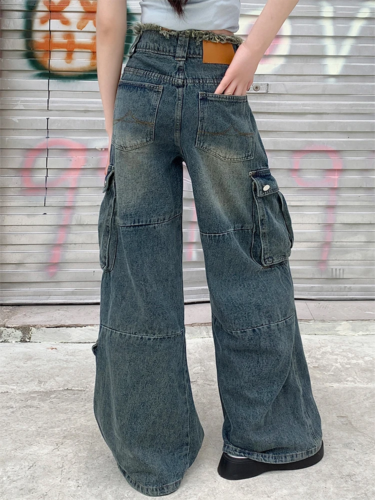 Women\'s Y2k Baggy Cargo Jeans Aesthetic Oversize Denim Trousers Harajuku Vintage Jean Pants Japanese 2000s Style Trashy Clothes