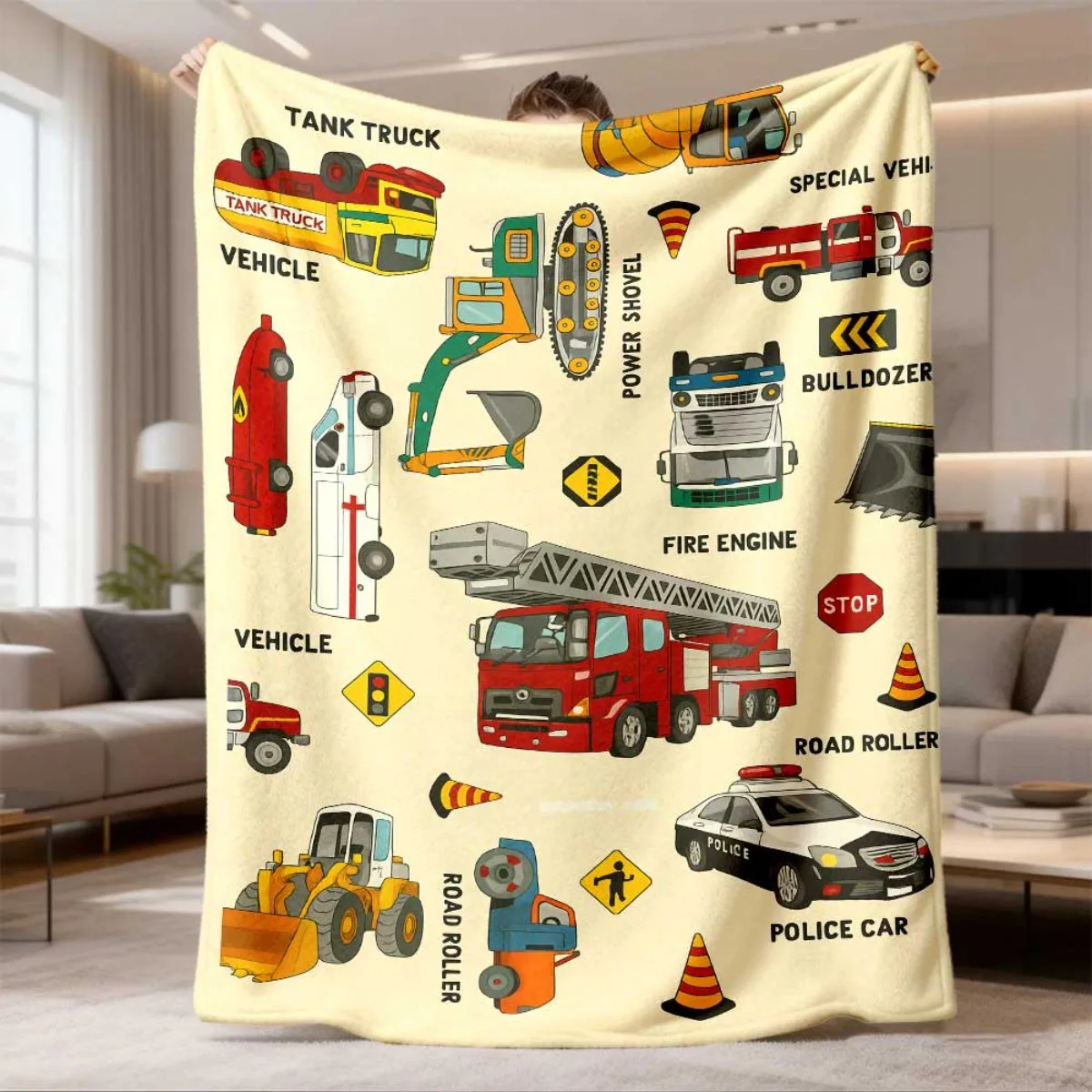 Kids Construction Vehicle Cartoon Traffic Sign Pattern Flannel Blanket Warm Decorative Throw For Lounge Bedroom Indoor Holiday