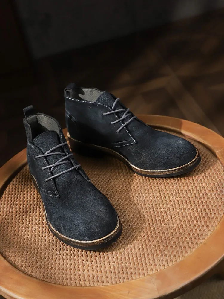 Fashion Versatile Male Lace-Up Color Block Cow Suede Round Toe Hard Wearing Handmade Ankle Boots Leisure Platform Work Shoes view 5