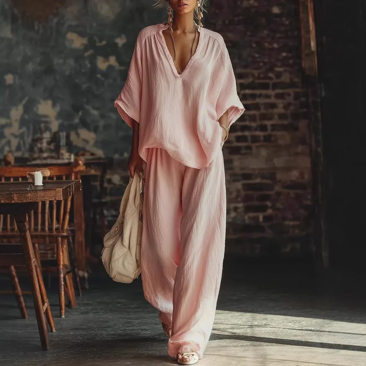 

Solid Color Casual Trousers Set Elegant Fashionable Loose Comfortable Style Mid-sleeve V-neck Pullover Top Trousers 2-piece Set