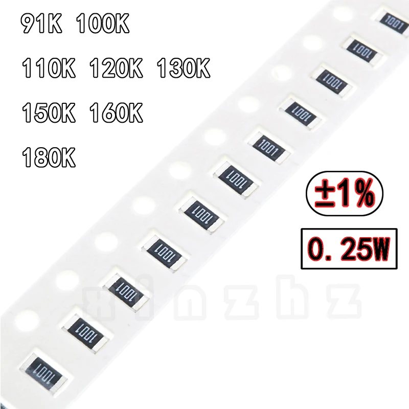 100PCS SMD 1206 Chip Resistor 1% High Precision Chip 0.25W Fixed Resistance 91K 100K 110K 120K 130K 150K 160K 180K 91KΩ 100 ohm