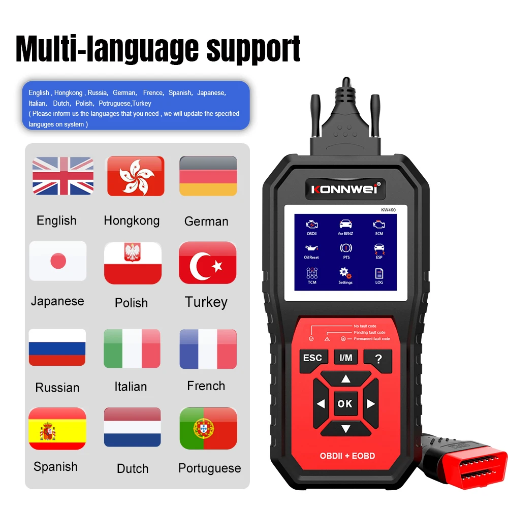 2026 KONNWEI KW460 سيارة ODB2 الماسح الضوئي رمز القارئ النفط TPMS إعادة تعيين Obd 2 لمرسيدس بنز ABS وسادة هوائية محول Autor أدوات التشخيص