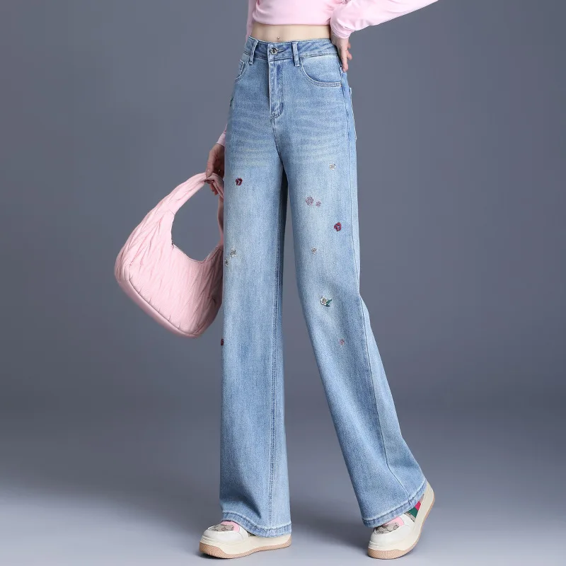 

Women's Wide Leg Jeans 2026 Spring Autumn Thin High Waist Slim Light Blue Loose Fashion Embroidered Narrow Straight Pants