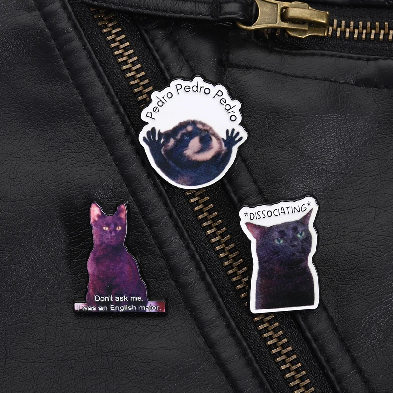 Meme Cartoon Pins Dissociating Cat Pedro Repetition English Major Humor Design Internet Culture Brooches for Daily Fun Accessory