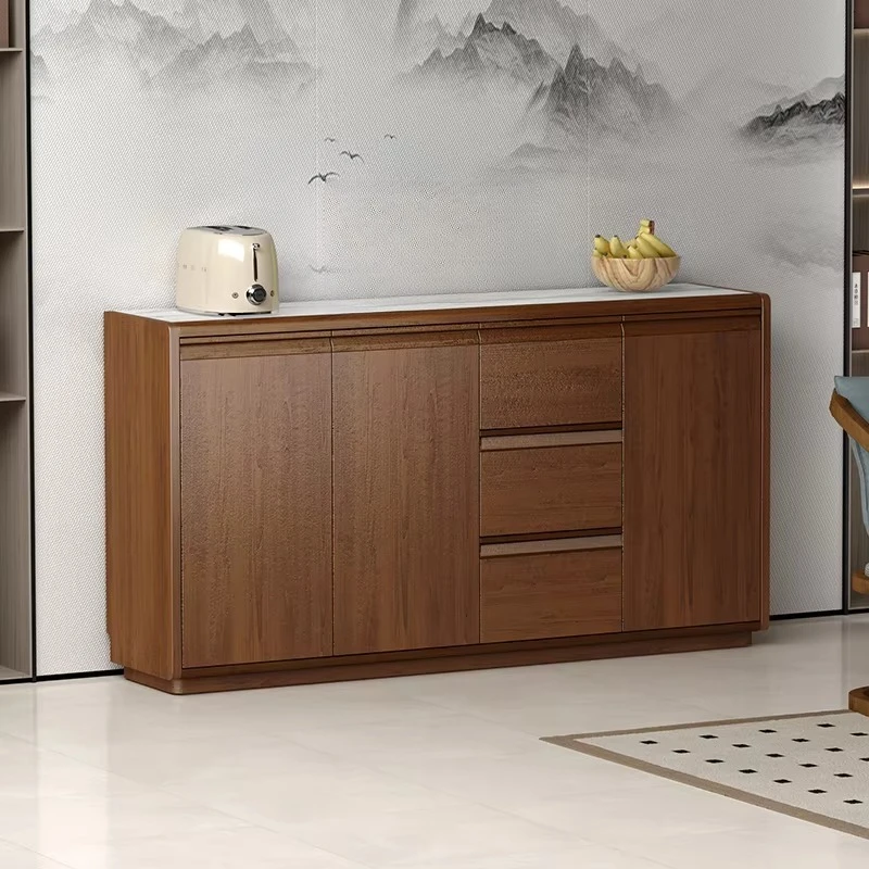 

Oak buffet cabinet with tempered glass top and multiple drawers for restaurant sideboards