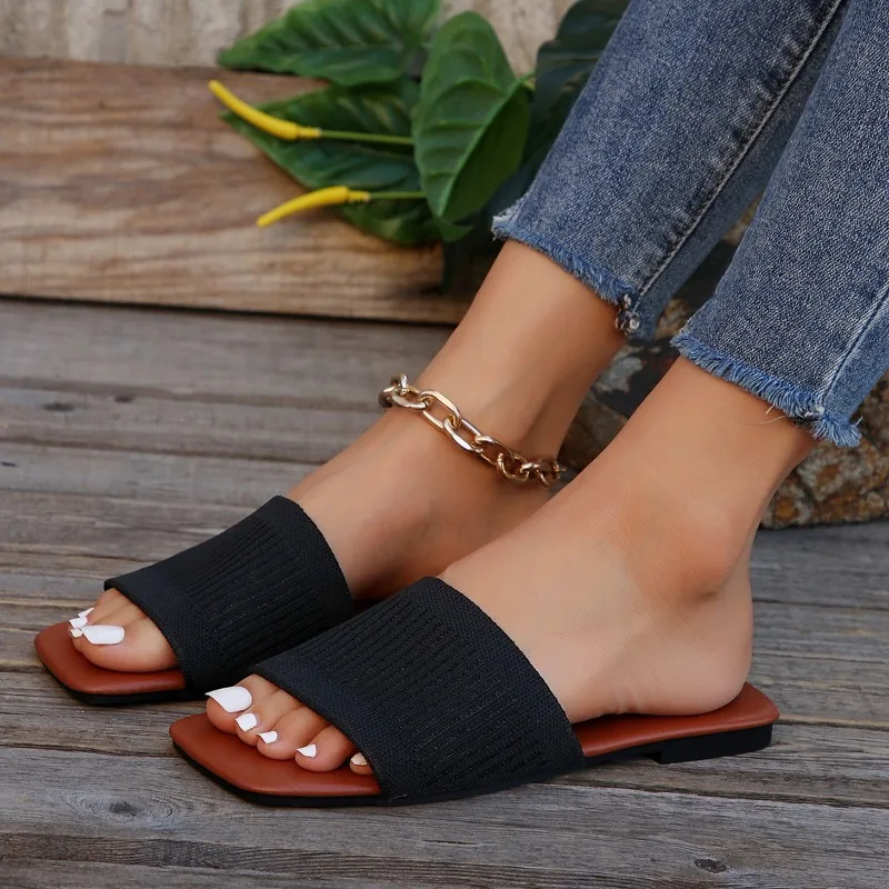 2024 women summer new simple solid color fashion square head open toe beach shoes brand designer leisure vacation women slippers