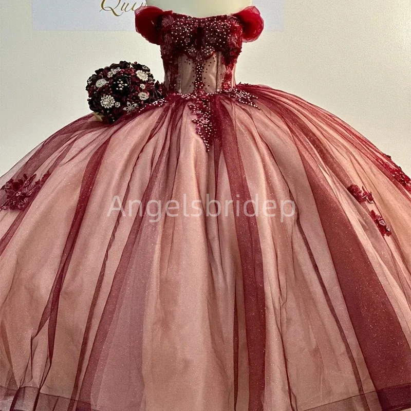 

Angelsbridep Burgundy Off Shpulder Ball Gown Quinceanera Dresses 2025 Evening Party Vestidos De Fiesta With Beading Appliques