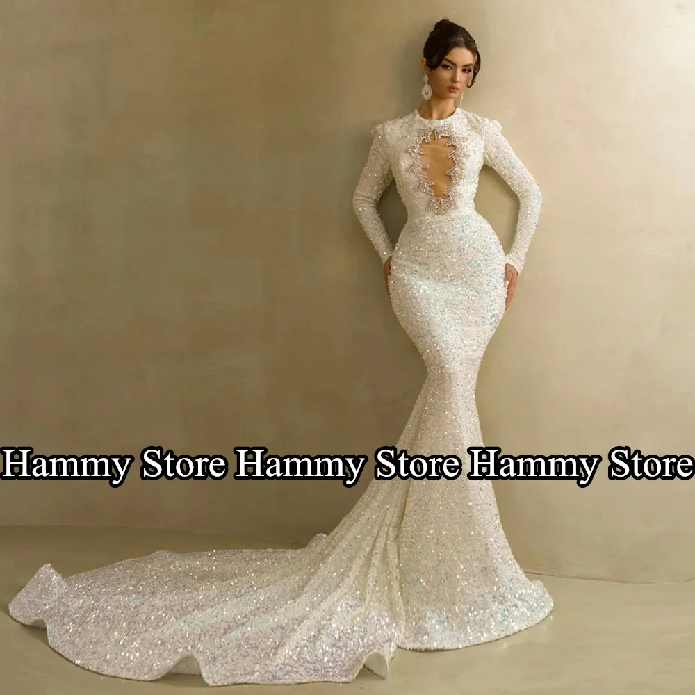 

Shinny Sequined Mermaid Evening Dress New Arrival Beading Round Neck Full Sleeves Court Train Dubai Party Dresses Prom Gown