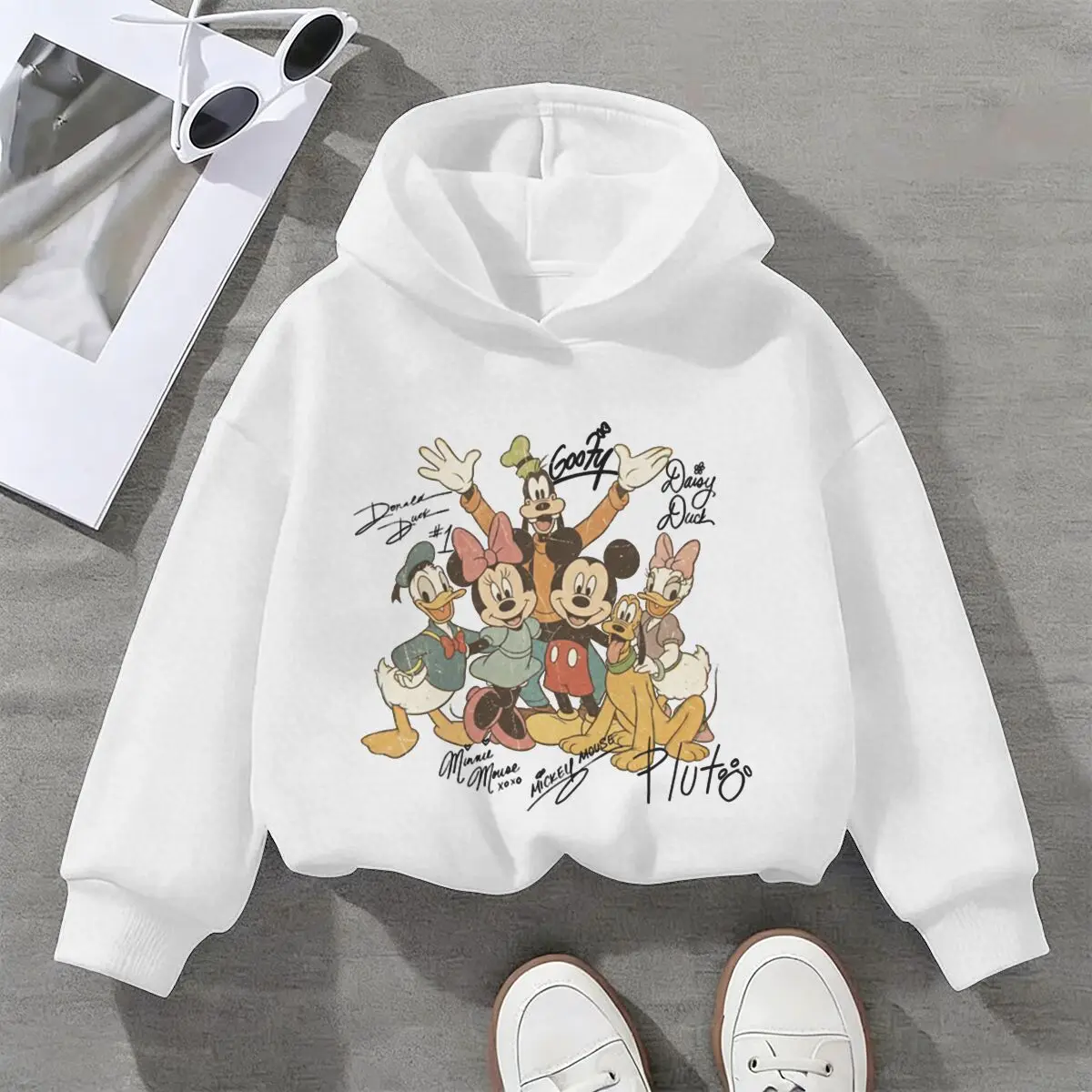 

Boys Girls Mickey and Friends Hooded Shirt Signature Retro Sweater Cartoon Characters Print Casual Long Sleeve Top for Boy Girl