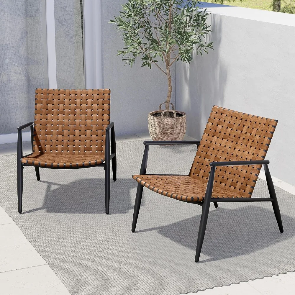 

Chairs Set of 2 Leather- Look Wicker Outdoor Chairs with Powder Coated Aluminum Frame Outdoor Bistro Set for Garden Backyard Ba