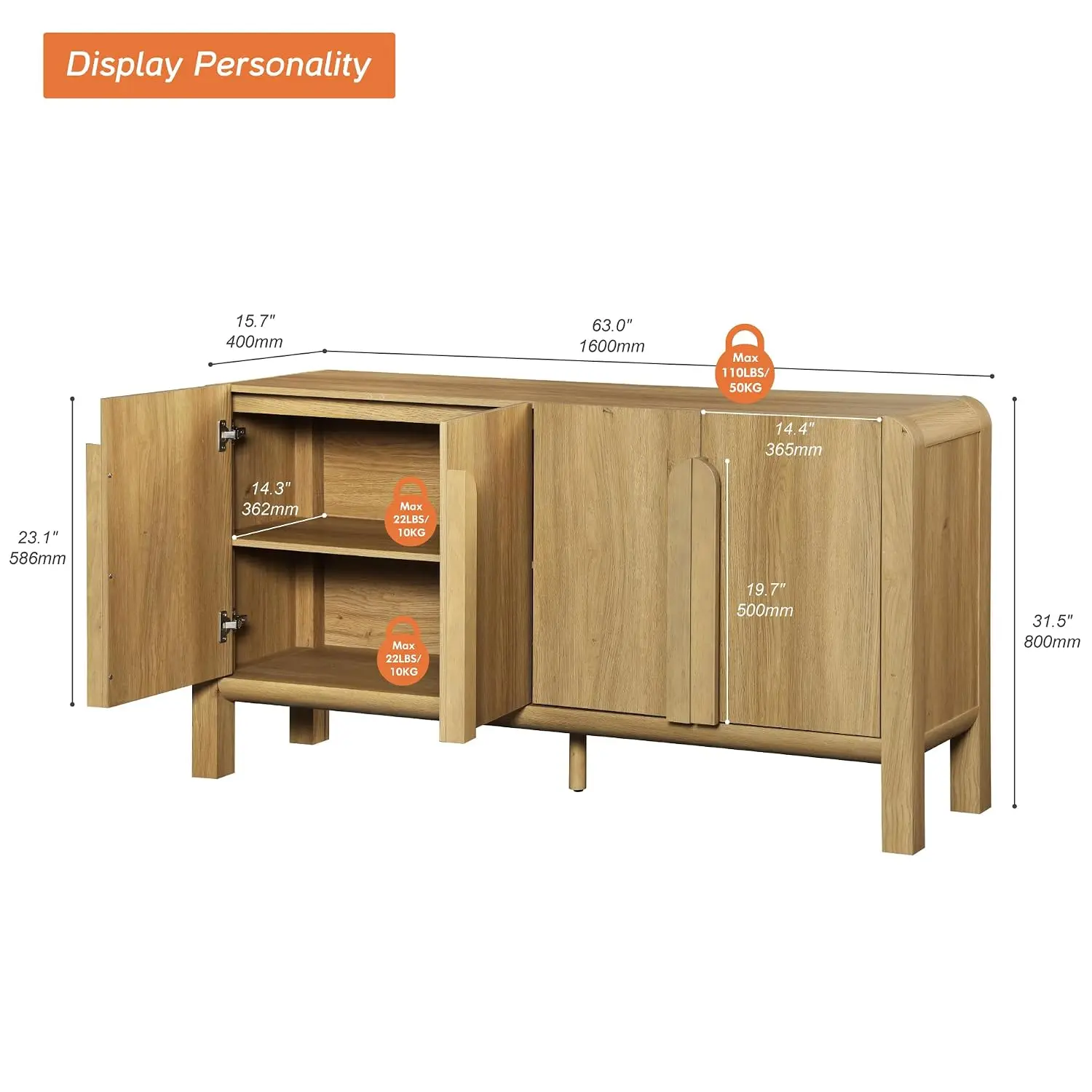 Large Buffet Cabinet with Storage, Modern Curved Cabinet with 4 Doors for Dining Living Room Kitchen, Walnut, Customized