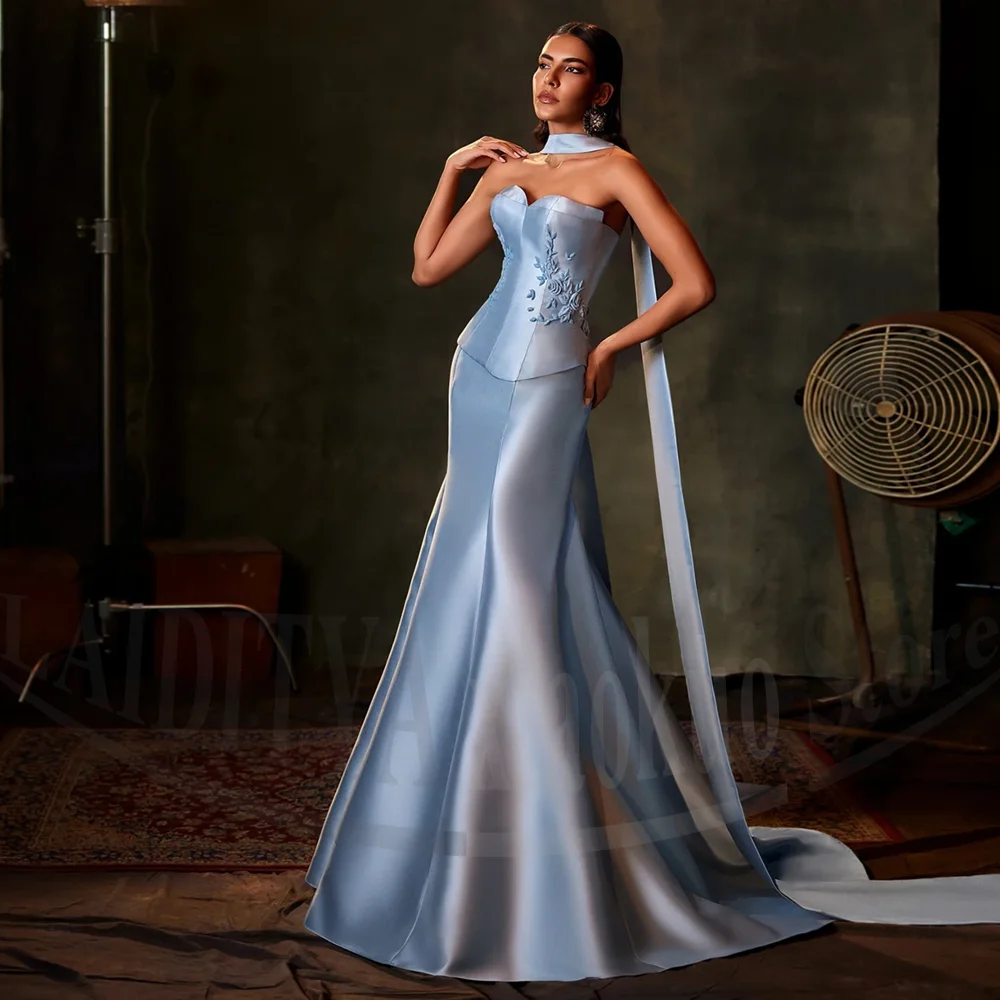 Moda apliques vestidos de noite elegante sem alças flor vestidos de baile chique cachecol varredura trem sereia vestidos de festa femininos