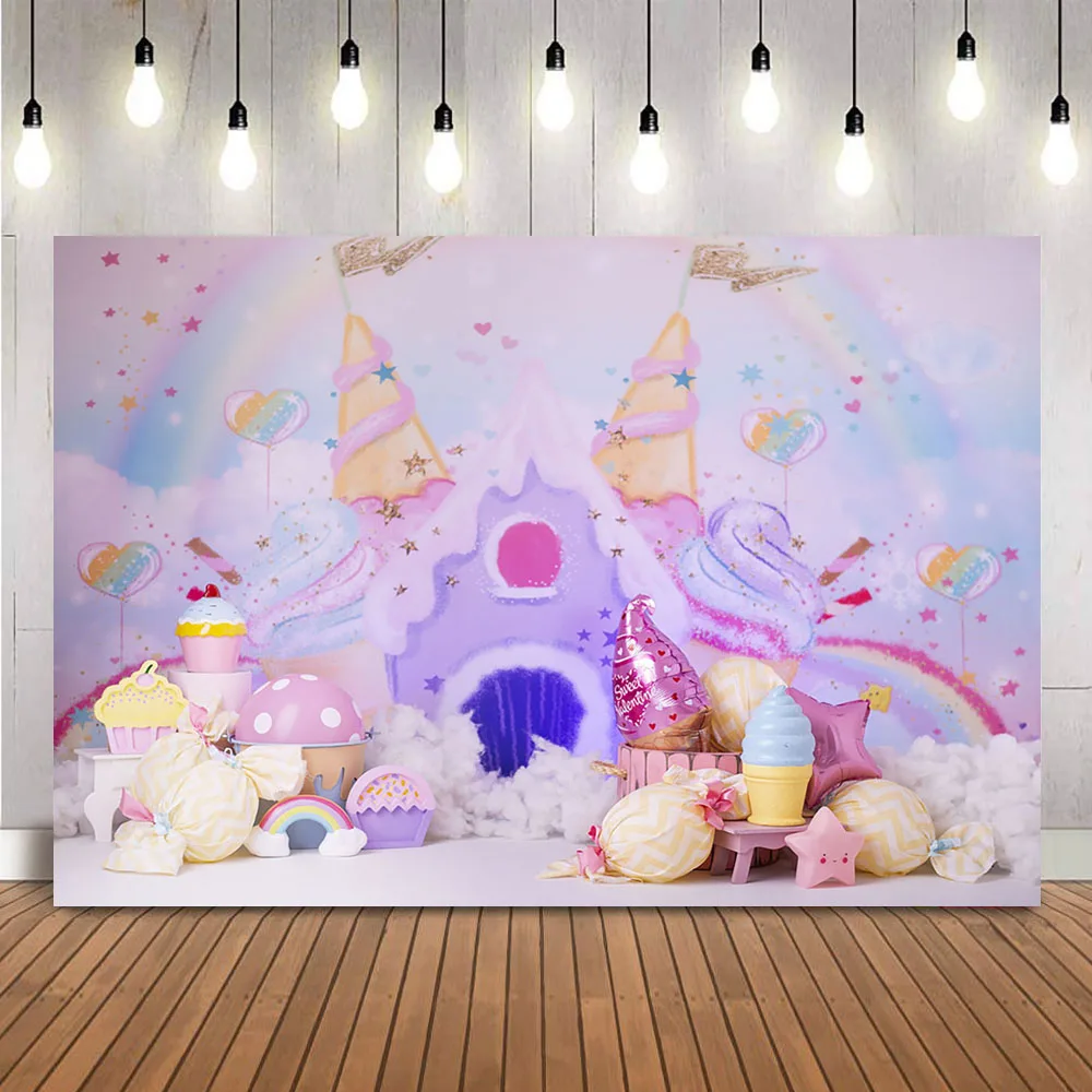 Fondo de casa de dulces de Donut para fotografía, tema de piruleta, fotomatón de cumpleaños, pancarta de fondo, cono de helado, fotomatón