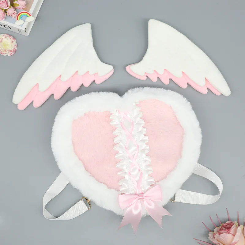 Japanese Lace Bow Plush Angel Heart Backpack Student Women's Sweet Lolita Wing Cute Y2k Shoulder Bag Schoolbags