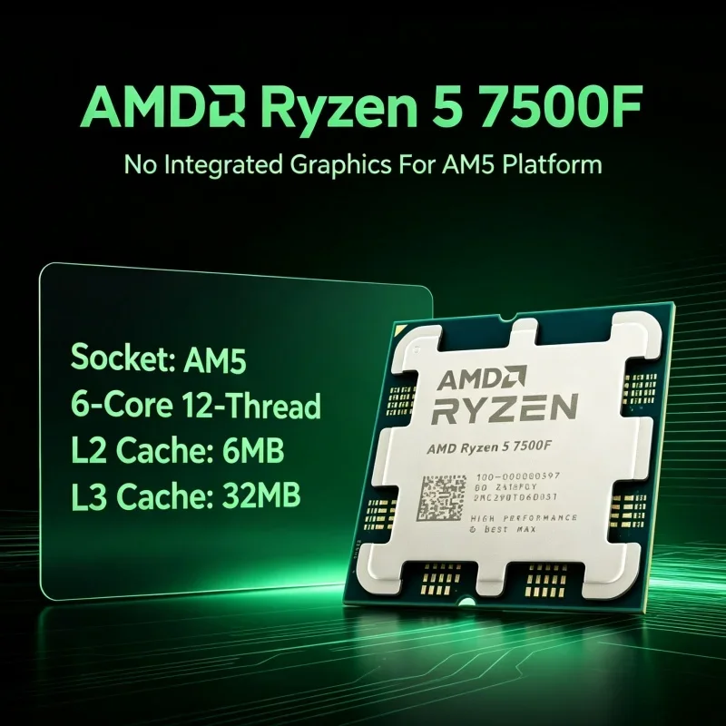 Replacement CPU R5 7500F for Ryzen 5 7600 6C 12T 3.7GHz 32MB L3 5nm AM5 No iGPU Processor Same Cores