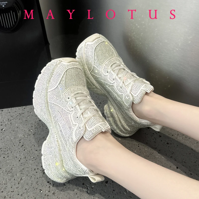 

Youth Girls Chunky Crystal Sneakers Women Fashion Casual Breathable Height Increased Flat Platform Bling Bling Shoes Footwear